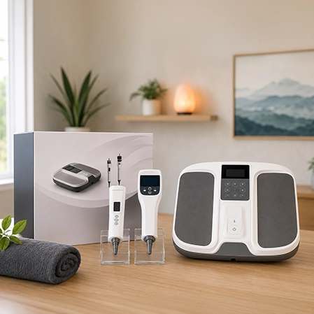 PEMF Therapy Equipment Laid Out Neatly On A Wooden Table